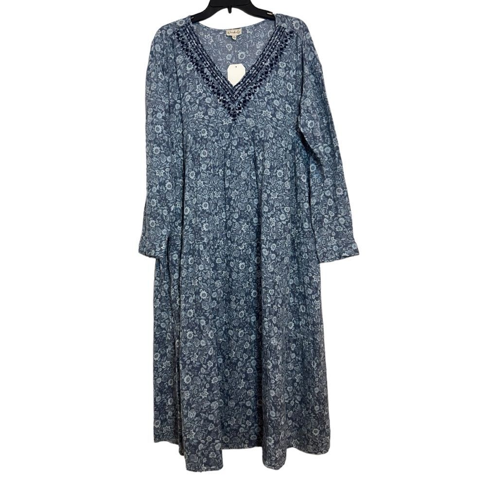WONDERLY NWT Blue Floral Long Sleeve V-Neck Maxi Dress PXL - Picture 2 of 13